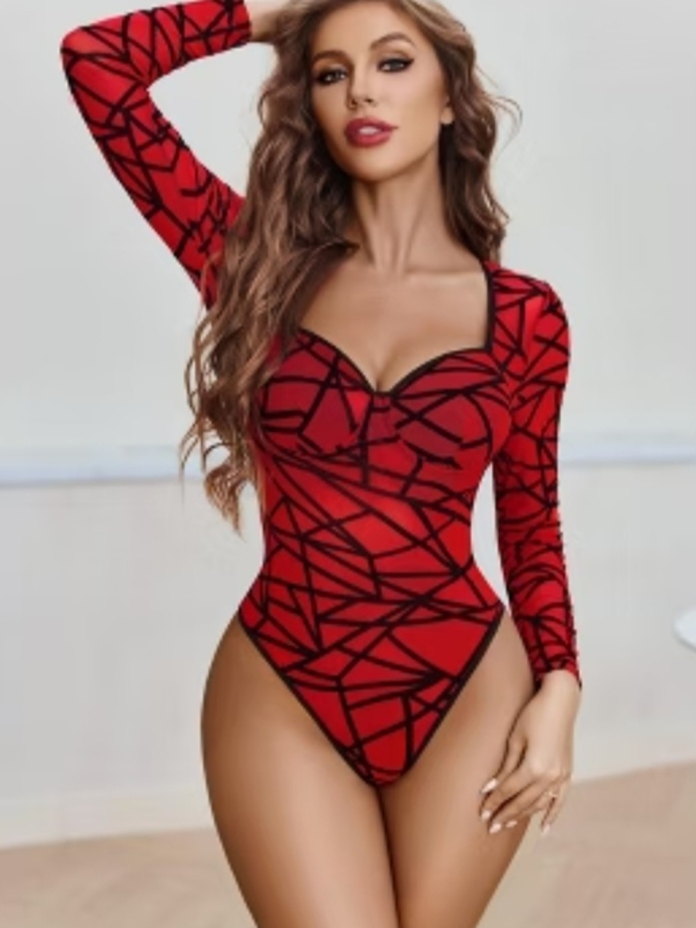 Avidlove Plus Sz 2x Red Geometric Long Sleeve Mesh Sheer Bodysuit